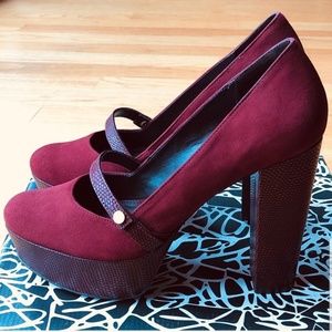 DVF "Fern" Cranberry Suede and Lizard Print Heels